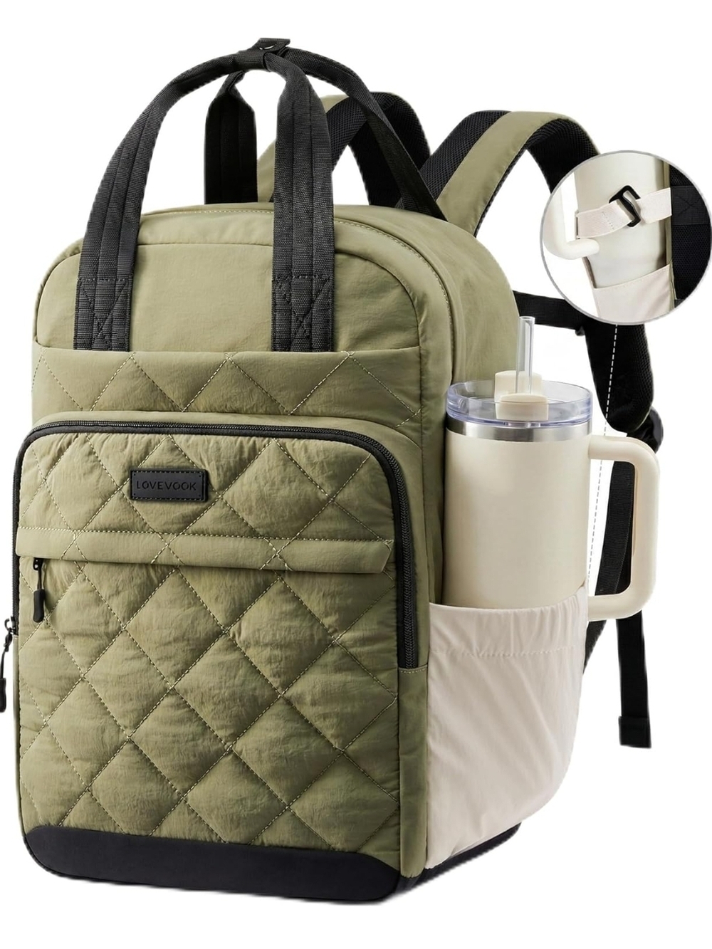 Olive Quilted Backpack with Black Straps